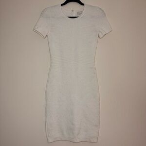 REISS Felix Textured White Office Bodycon Short Sleeve Stretchy Knit Midi Dress